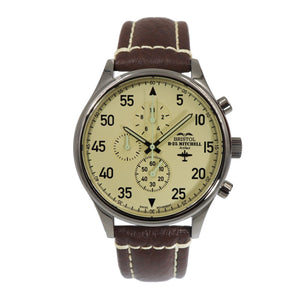 B-25 Mitchell - Stainless Steel, Polished, Beige Dial, Brown Leather Band with Stitching - Bristol Aviator Watches, Bristol Watch Company, www.bristolwatchcompany.com