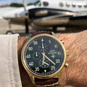 B-25 Mitchell - Gold Finish, Black Dial, Brown Leather Band with Stitching - Bristol Aviator Watches, Bristol Watch Company, www.bristolwatchcompany.com