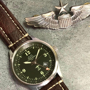 B-17 Tribute - Stainless Brush Finish, Dark Green Dial, Brown Leather Band with Stitching