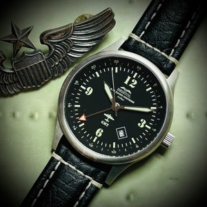B-17 Tribute - Stainless Steel, Brush Finish, Black Dial, Black Leather Band with Stitching (Copy)