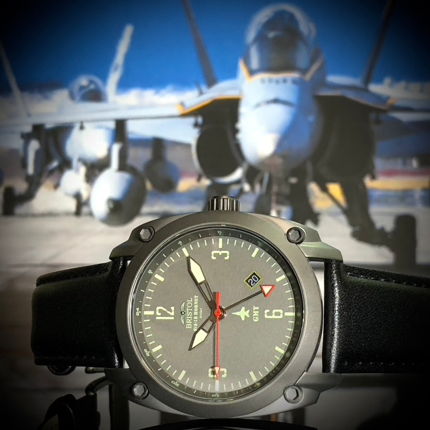 F-18 Hornet Tribute Gun Metal Finish, Gray Dial, Black Leather