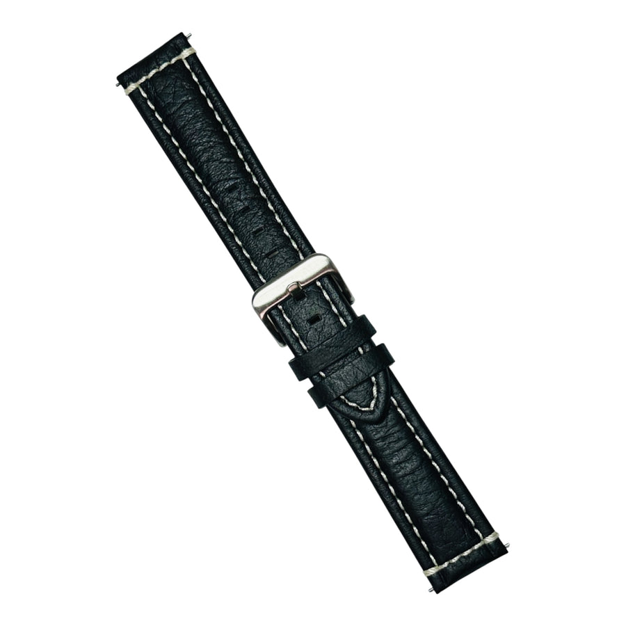 STRAP - BLACK LEATHER STRAP - WHITE STITCHING - 22MM