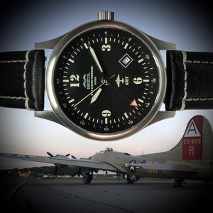B-17 Tribute - Stainless Steel, Brush Finish, Black Dial, Black Leather Band with Stitching (Copy)