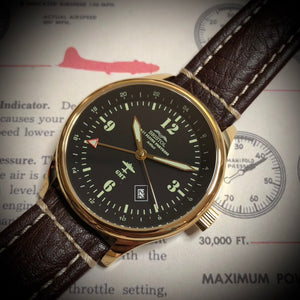 B-17 Tribute - Gold Finish, Black Dial, Stainless Steel, Brown Leather Band with Stitching