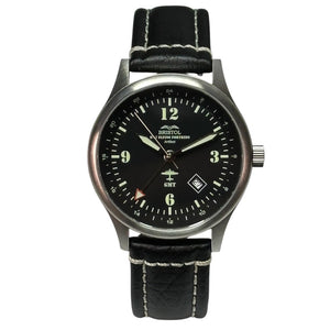 B-17 Tribute - Stainless Steel, Brush Finish, Black Dial, Black Leather Band with Stitching (Copy)