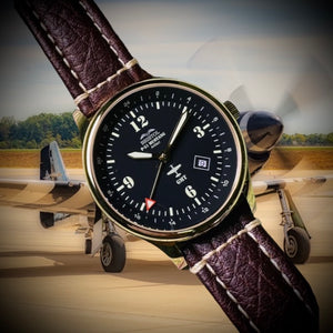 P-51 Mustang Tribute - Gold Finish, Black Dial, Brown Leather Band