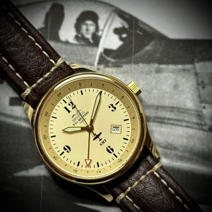 P-51 Mustang Tribute - Gold Finish, Beige Dial, Brown Leather Band