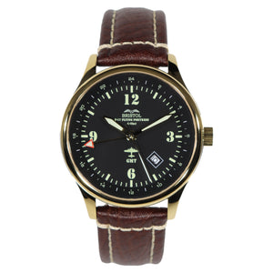 B-17 Tribute - Gold Finish, Black Dial, Stainless Steel, Brown Leather Band with Stitching