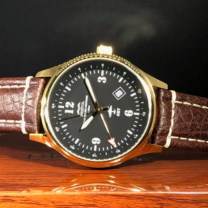 B-17 Tribute - Gold Finish, Black Dial, Stainless Steel, Brown Leather Band with Stitching