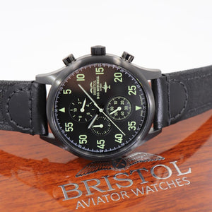 B-25 Mitchell - Black Finish, Black Canvas Band - Bristol Aviator Watches, Bristol Watch Company, www.bristolwatchcompany.com