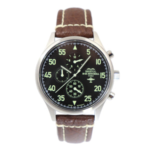 B-25 Mitchell - Stainless Steel, Brush Finish, Black Dial, Brown Leather Stitched Band - Bristol Aviator Watches, Bristol Watch Company, www.bristolwatchcompany.com