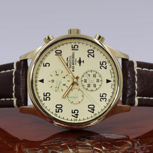 B-25 Mitchell - Gold Finish, Beige Dial, Brown Leather Band with Stitching - Bristol Aviator Watches, Bristol Watch Company, www.bristolwatchcompany.com