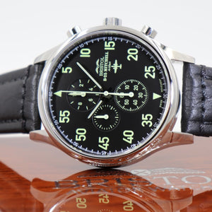 B-25 Mitchell - Stainless Steel, Polished Finish, Black Leather Band - Bristol Aviator Watches, Bristol Watch Company, www.bristolwatchcompany.com
