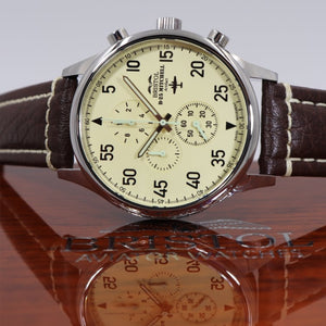 B-25 Mitchell - Stainless Steel, Polished, Beige Dial, Brown Leather Band with Stitching - Bristol Aviator Watches, Bristol Watch Company, www.bristolwatchcompany.com