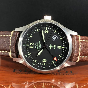 P-51 Mustang Tribute - Stainless Steel, Brush Finish, Brown Leather Band